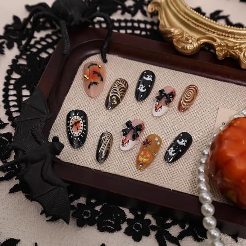 30Pcs Halloween Press On Nails Almond Shape - Spooky Ghost Bat Pumpkin Pattern - Variation 05