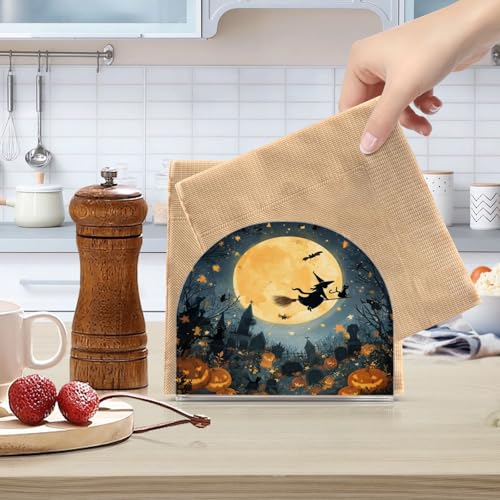 Halloween Witches Graveyard Pumpkins Napkin Holder - Yellow Acrylic Tabletop Dispenser for Kitchen & Dining - Halloween Party Decor