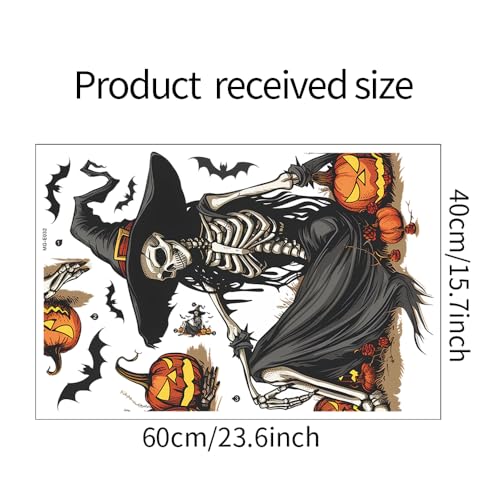 Halloween Witch Skeleton Wall Decals - Removable Skull Stickers with Bats & Pumpkins, Black & Orange Variation