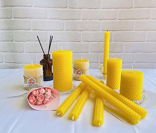 Lacaser Beeswax Tapered Candles Set - Yellow, Unscented, 12pcs, 9" Handrolled Dripless Dinner Table Decor