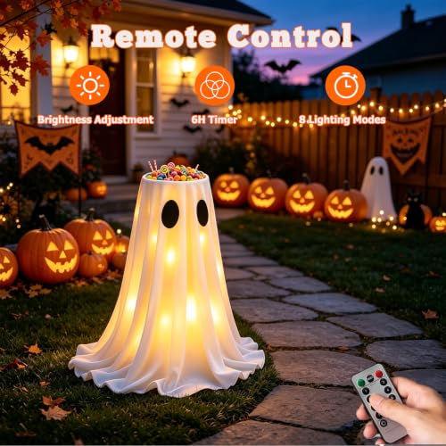 Halloween Ghost Candy Bowl with LED Lights & Remote - Outdoor Lighted Ghost Decor, 8 Modes, Timer, A-Ghost Variation