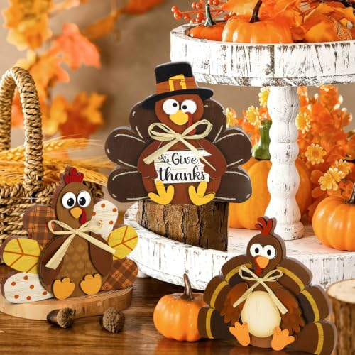 Large Brown Wooden Thanksgiving Turkey Centerpiece Set - Rustic Fall Decor for Home & Tabletop