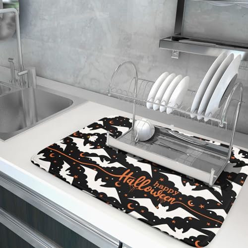 Halloween Drying Mat for Kitchen Counter 18x24 Inches Bat Design - Spooky Bat Dish Pad with Absorbent Microfiber