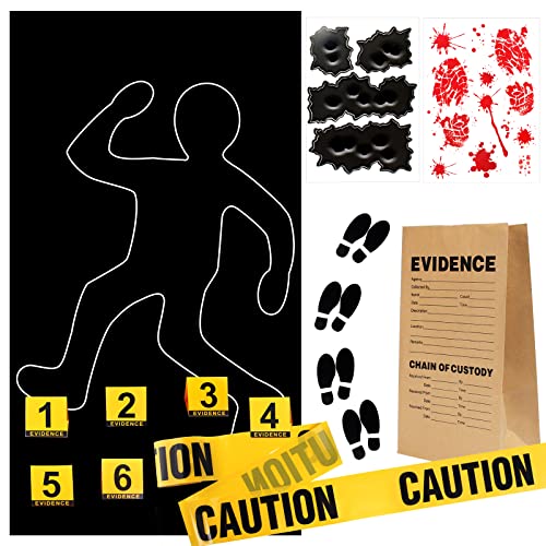 Crime Scene Decoration Kit for Murder Mystery & Halloween Parties - Body Silhouette, Caution Tape, Evidence Markers & Stickers