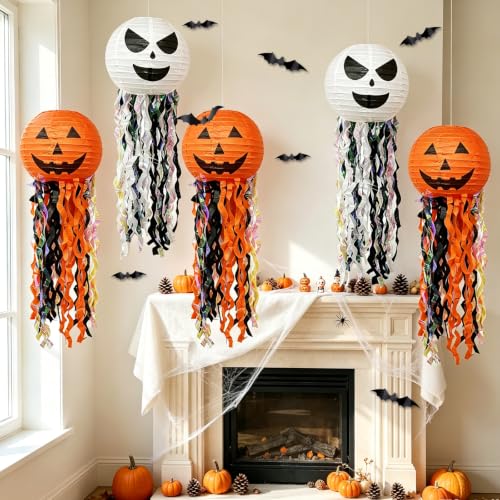 Halloween Pumpkin Paper Lanterns with Bat Set - 10 Inch Autumn Decor