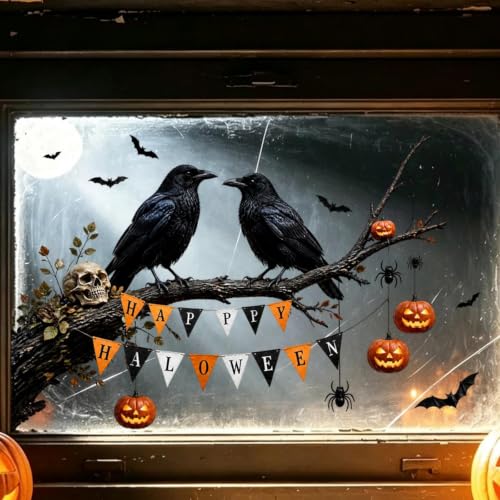 Halloween Crow Window Clings - Pumpkin & Whimsical Fall Decals for Glass