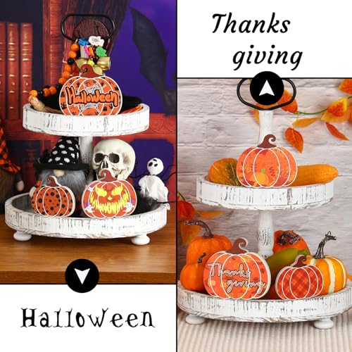 Vivid Medium Wooden Pumpkin Decorations Set for Halloween & Thanksgiving - Double-Sided Table Decor, 3 Pieces