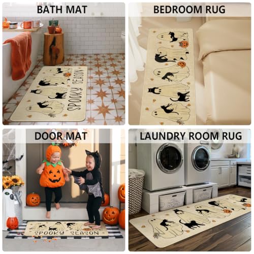 Ghost Black Cat Halloween Kitchen Rugs Set of 2 - Spooky Season Non-Skid Washable Mats
