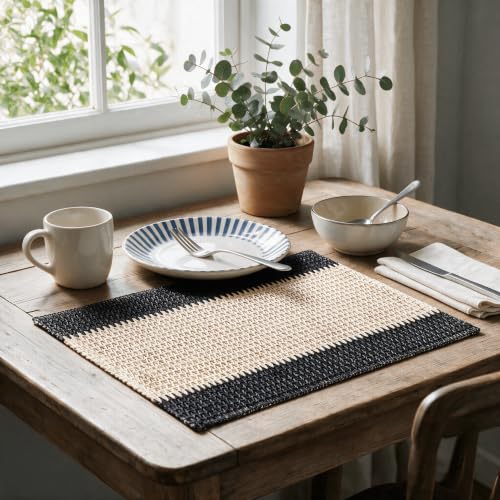 Black Paper Woven Stripe Placemats Set of 4 - 12x18 Inch
