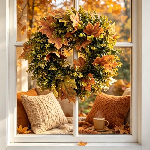 Fall Wreath for Front Door - Artificial Autumn Maple Leaf & Boxwood Decor - Yellow Variation