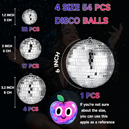 Mini Silver Disco Balls 54 Pcs Set - Hanging Mirror Ornaments for Parties, Weddings, Christmas, Halloween - 1.2, 2, 3.2, 4 Inch Variations
