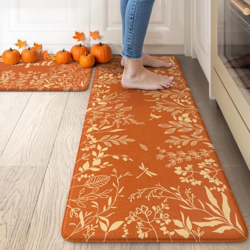 Fall Leaf Kitchen Mat with Pumpkin Design Anti-Fatigue Cushioned Rug 17.3x47+17.3x29 - Orange/Leaf