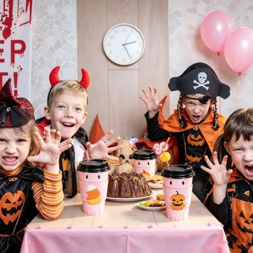 Disposable Coffee Cups with Lids & Sleeves - Pink Ghost Halloween 16 Oz - Pack of 60
