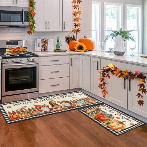 Fall Kitchen Rug Set of 3 - Gnomes, Pumpkins & Maple Leaves, Washable, Non Slip, Low Profile
