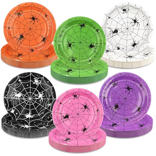 60 Pack Halloween 9-Inch Paper Plates with Spider Web Design, Disposable Party Tableware