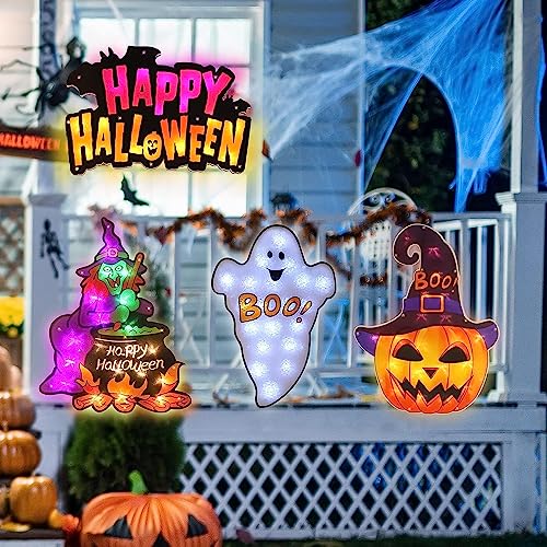 Halloween Lighted Window Silhouette Decorations 4-Pack - Jack-O-Lantern, Boo, Witch, Happy Halloween - Variation of THIS listing