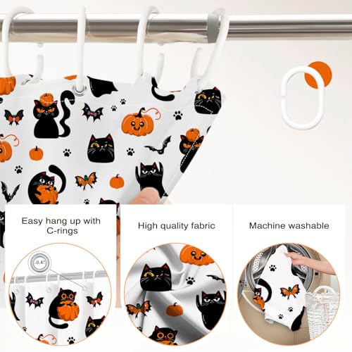 Halloween Shower Curtain Black Cat Pumpkin Ghost Waterproof Fabric 72x72 Inch