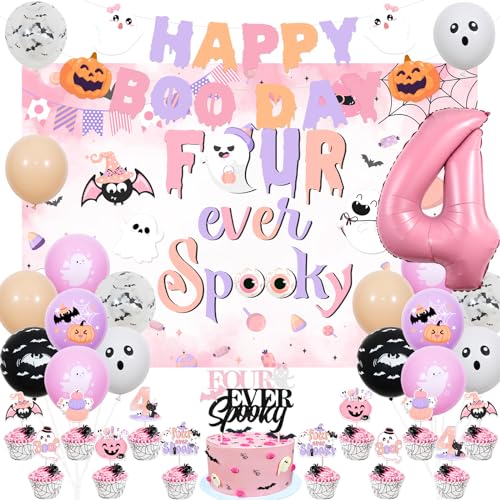 Halloween 4th Birthday Decorations Kit for Girls Pink and Purple Ghost Balloons Banner Cake Topper