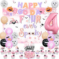Halloween 4th Birthday Decorations Kit for Girls Pink and Purple Ghost Balloons Banner Cake Topper