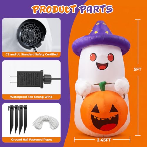 5 FT Inflatable Ghost with Pumpkin Halloween Decor LED Lights Outdoor Indoor
