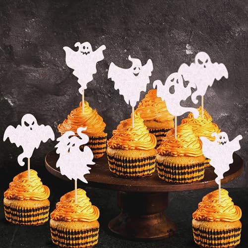 Ercadio White 25 Pack Ghost Cupcake Toppers Glitter Halloween Baby Ghost Decorations