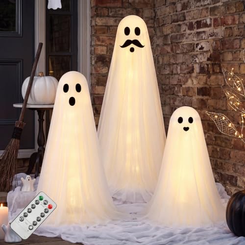 Outdoor Light-Up Ghost Decorations Set - Spooky Halloween Yard Props, 3 Pcs with Warm LED Lights