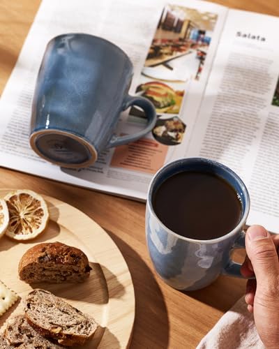 Aurora Blue Coffee Mug Set of 8 - 14oz Stoneware Cups with Handle, Elegant Glaze