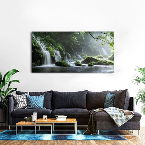 Forest Waterfall Canvas Wall Art - 57.8" x 30" Green Forest Nature Landscape Painting for Living Room & Bedroom - Waterfall Water Scene Wall Decor