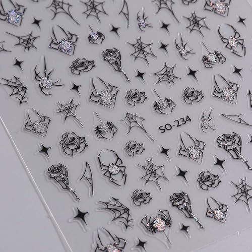 Halloween Spider Web Nail Stickers - Glitter 3D Rhinestone Decals with Cobweb Design - Red-Black Theme