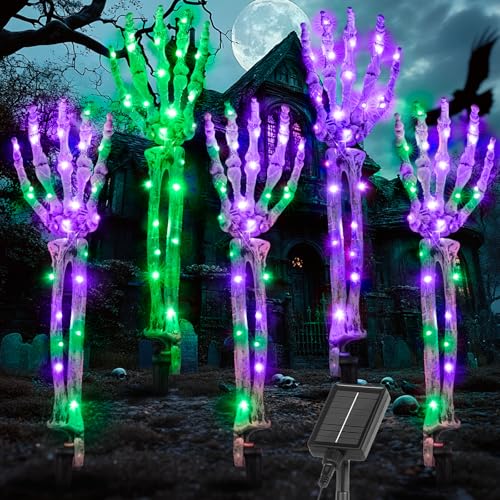 5-Pack Outdoor Halloween Skeleton Arm Stakes with Green & Purple LEDs - Solar Lighted Decor