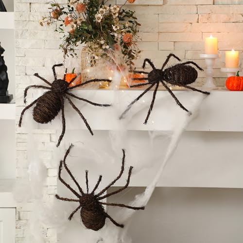 Large Halloween Rattan Spider Decorations Set - Natural Wicker, 3 Pack
