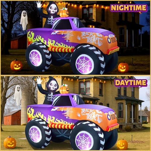 8FT Halloween Inflatable Monster Skeleton Truck with Built-in LEDs - Outdoor Decor - Halloween Truck Variation