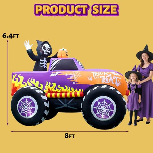 8FT Halloween Inflatable Monster Skeleton Truck with Built-in LEDs - Outdoor Decor - Halloween Truck Variation