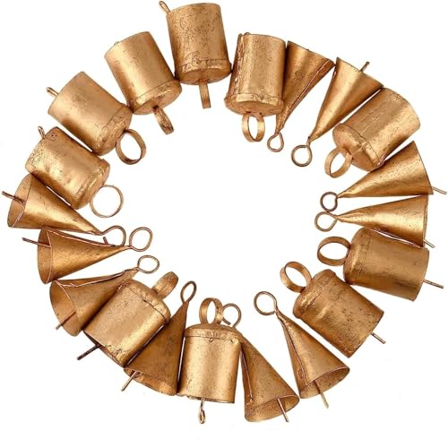 Antique Gold Jingle Bells Set of 20 - Rustic Metal Christmas Decorations with Hanging Loops - Cylinder & Cone Styles