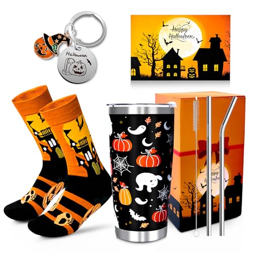 Halloween Gift Set with 20oz Tumbler, Socks, Pumpkin Keychain & Accessories