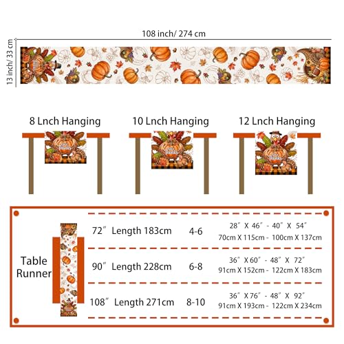 Thanksgiving Table Runner 13x108 Inches - Fall Decor, Turkey & Pumpkin Design