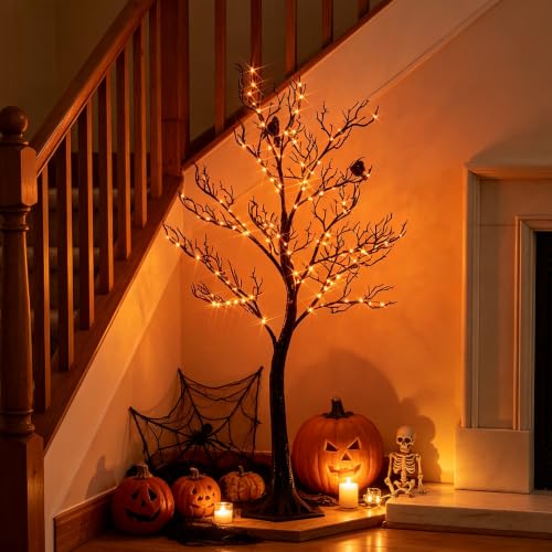 Lighted Halloween Tree with 150 Orange Fairy Lights, 4FT Spooky Black Indoor Outdoor Decor
