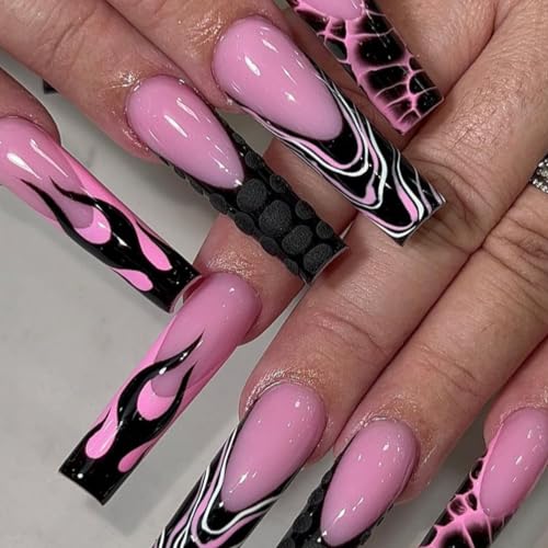 BABALAL French Tip Press On False Nails - Long Black Flame Style, Glue-On Squoval Acrylic Nails, 24Pcs, Variation BNN08flame
