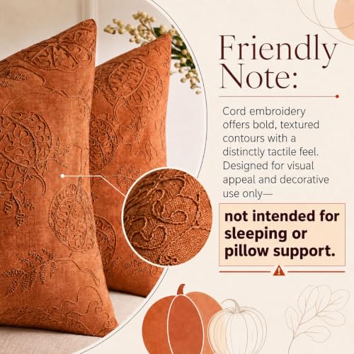 Pumpkin Embroidered Fall Pillow Covers 12x20 Inch Orange Chenille Pack of 2