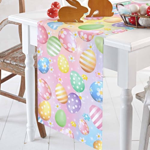 Easter Colorful Egg Table Runner 13x72 Inches Spring Flowers Cotton Linen Decor — Variation of Easter Eggjim5339