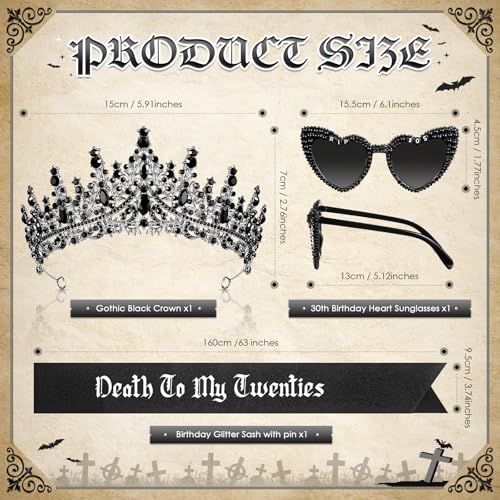 Death to My Twenties Black Gothic 30th Birthday Party Accessories Set - Crown, Sunglasses & Sash
