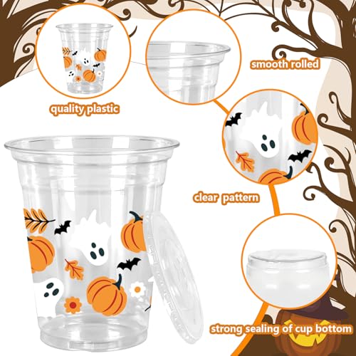 Halloween Plastic Cups with Lids & Straws - Ghost Pumpkin Design, 50 Pack, 12oz