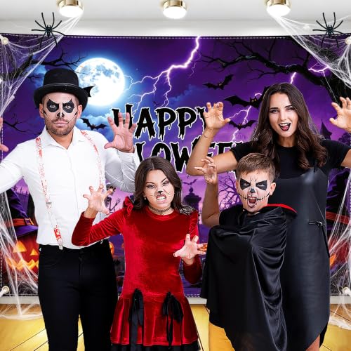 Halloween Backdrop 8x6FT with Ribbon & Spider Web Kit - Large Spooky Wall Decor