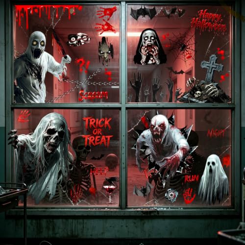Halloween Window Clings - Scary Bloody Zombie Handprints & Bat Decals - Ghost Variation