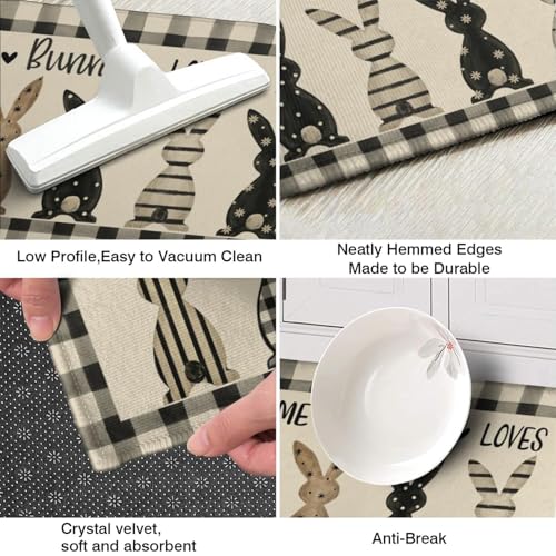 Easter Bunny Kitchen Rugs Set of 2 - Black & White Checkered Spring Decor