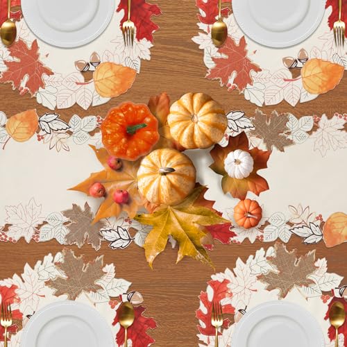 Fall Halloween Linen Textured Table Runner 70 Inch with Embroidered Maple Leaves