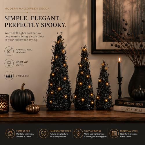 Halloween Tinsel Cone Trees with LED Lights Set of 3 - Black Autumn Decor