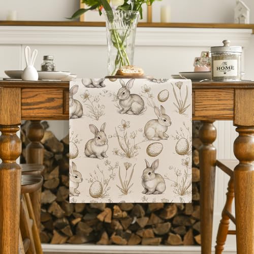 13x120 Inch Easter Bunny Rabbit Floral Table Runner Beige Seasonal Spring Home Decor