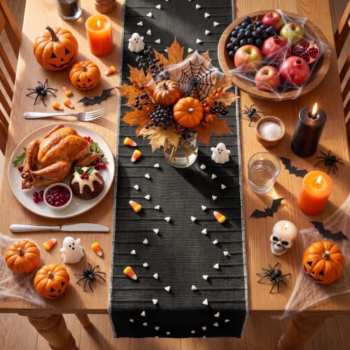 Black Farmhouse Cotton Woven Table Runner 12x60 Inch for Fall Halloween Holiday Dining