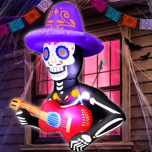 3.5 Ft Day of The Dead Inflatable Skeleton Decor with LEDs for Halloween & Dia De Los Muertos